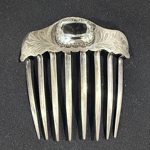 Victorian Silver Hair Comb with Clear Stone Accent